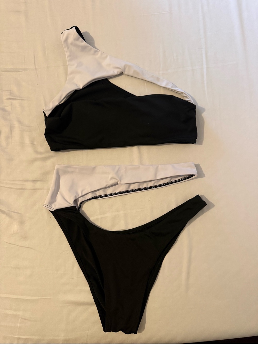 SHEIN Black & White One-Shoulder Asymmetric Bikini Set